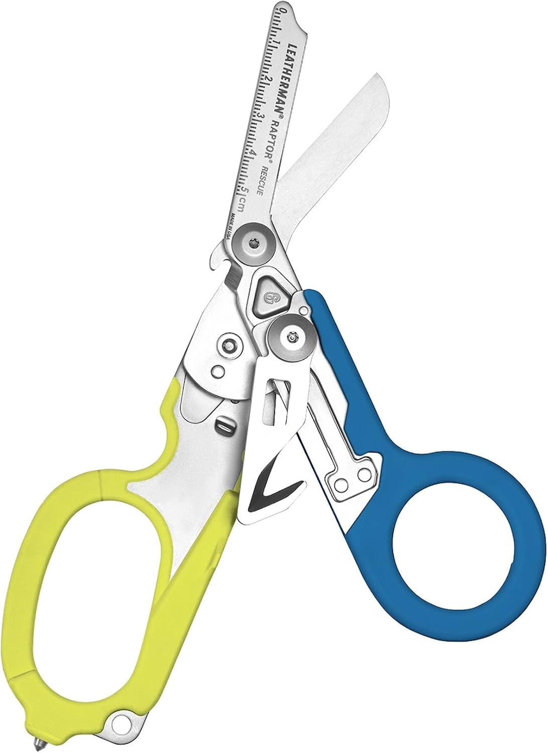 LEATHERMAN, Raptor Rescue, 6-In-1 Heavy-Duty Emergency/Trauma Shears with Carbide Glass Breaker & Strap Cutter, Made in the USA, Utility Sheath Included, Blue/Yellow, with Utility Holster