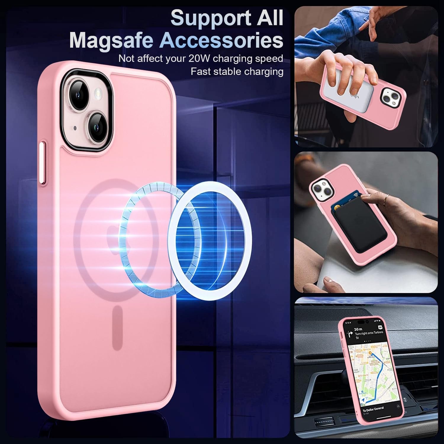 Strong Magnetic for Iphone 13 Case, [Compatible with Magsafe][Screen Protector+Camera Lens Protector] Translucent Matte Back Slim Shockproof Case for Iphone 13 Phone Case 6.1", Pink