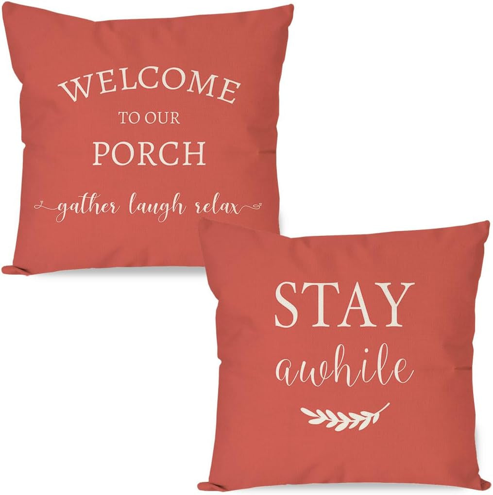 Outdoor Decorative Throw Pillow Covers 18X18 Inch Set of 2, Coral | Welcome to Our Porch Stay Awhile Relax Tropical Summer Patio Decoration for Home Couch Bench Decor