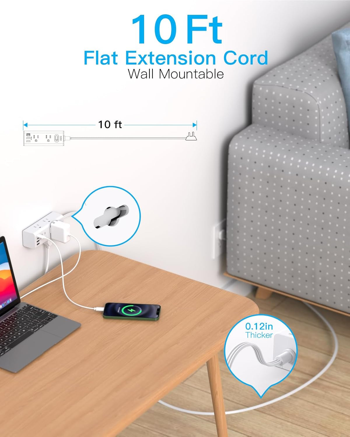 10Ft Extension Cord with Multiple Outlets,Flat Plug Power Strip Surge Protector with 10 Ft Long Cord,6 Outlet 4 USB Ports (2USB C),Multi Outlet Wall Plug for Travel,College,Dorm Essentials
