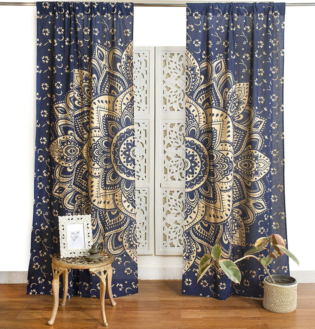 Indian Hippie Bohemian Beautiful Passion Ombre Color Mandala Curtain Panels Blue Gold