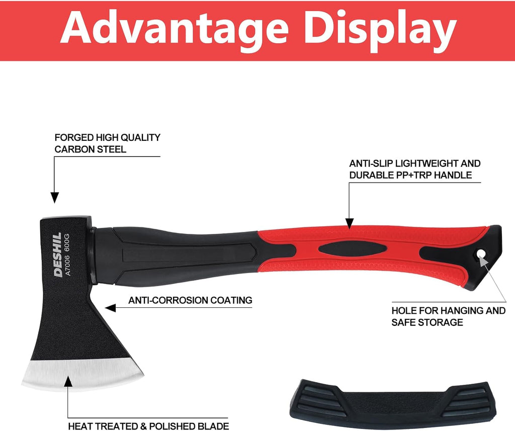 15-Inch Camping Hatchet Axe Outdoor Hatchet with Sheath | 45 Carbon Steel Blade, Shock-Absorbing Fiberglass Grip, Axe for Camping, Kindling, Hiking, and Outdoor Wood Splitting