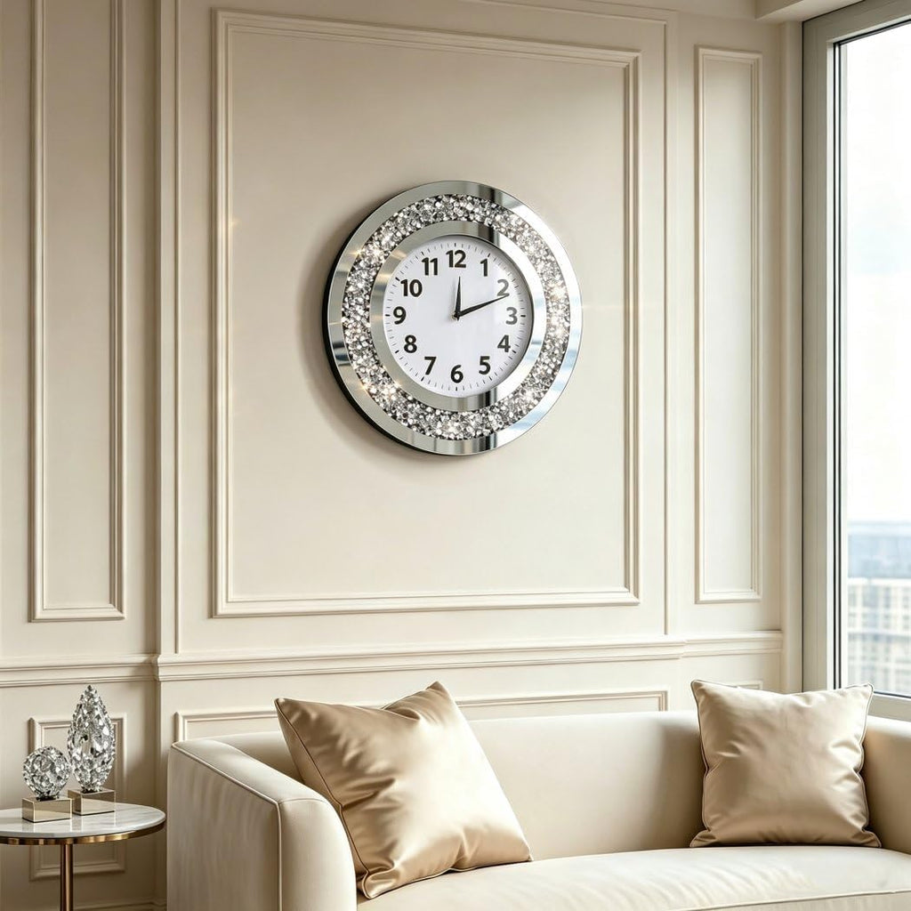 Acrylic Glass Diamond Decor round Clock, 15.7X15.7X1.7 Inches Silver Glass round Decorative Clock, Silent Quartz Movement (No Second Hand), Modern Sparkle Home Decor (AA Battery Not Included)