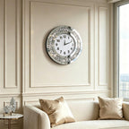 Acrylic Glass Diamond Decor round Clock, 15.7X15.7X1.7 Inches Silver Glass round Decorative Clock, Silent Quartz Movement (No Second Hand), Modern Sparkle Home Decor (AA Battery Not Included)