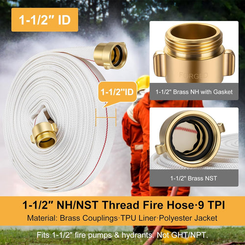 1-1/2" ID Fire Hose, 50Ft Single Jacket TPU Lay Flat Hoses with Brass NST/NH Couplings, 250 PSI Working / 750 PSI Burst, All-Weather Firefighter Hose for Fire Cabinets