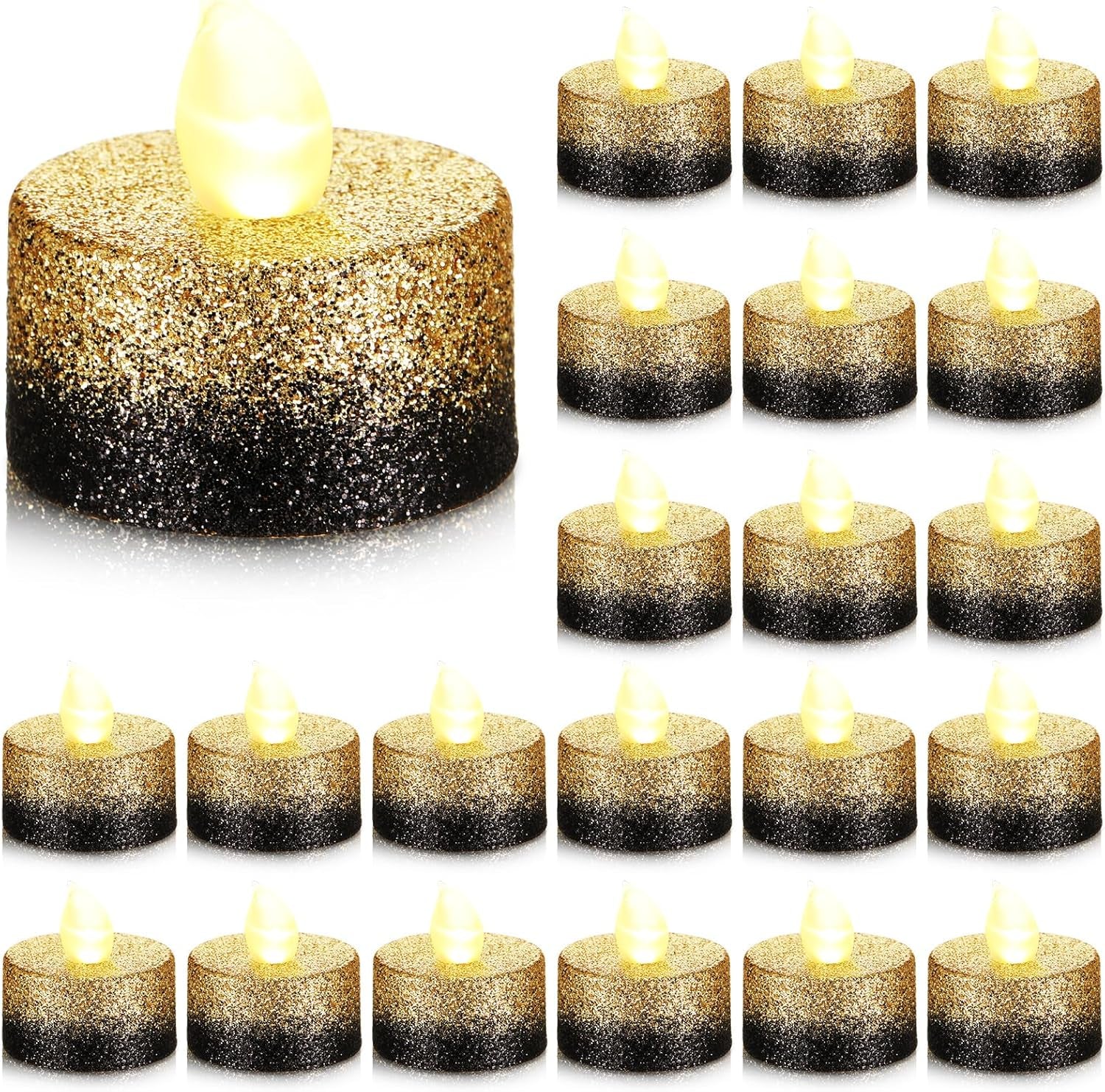 48 Pcs Flameless LED Tea Lights Gold Black Glitter Electric Fake Candles for Centerpieces Battery Operated Anniversary Decorations Romantic Winter Decor for Wedding Festival Christmas Birthday