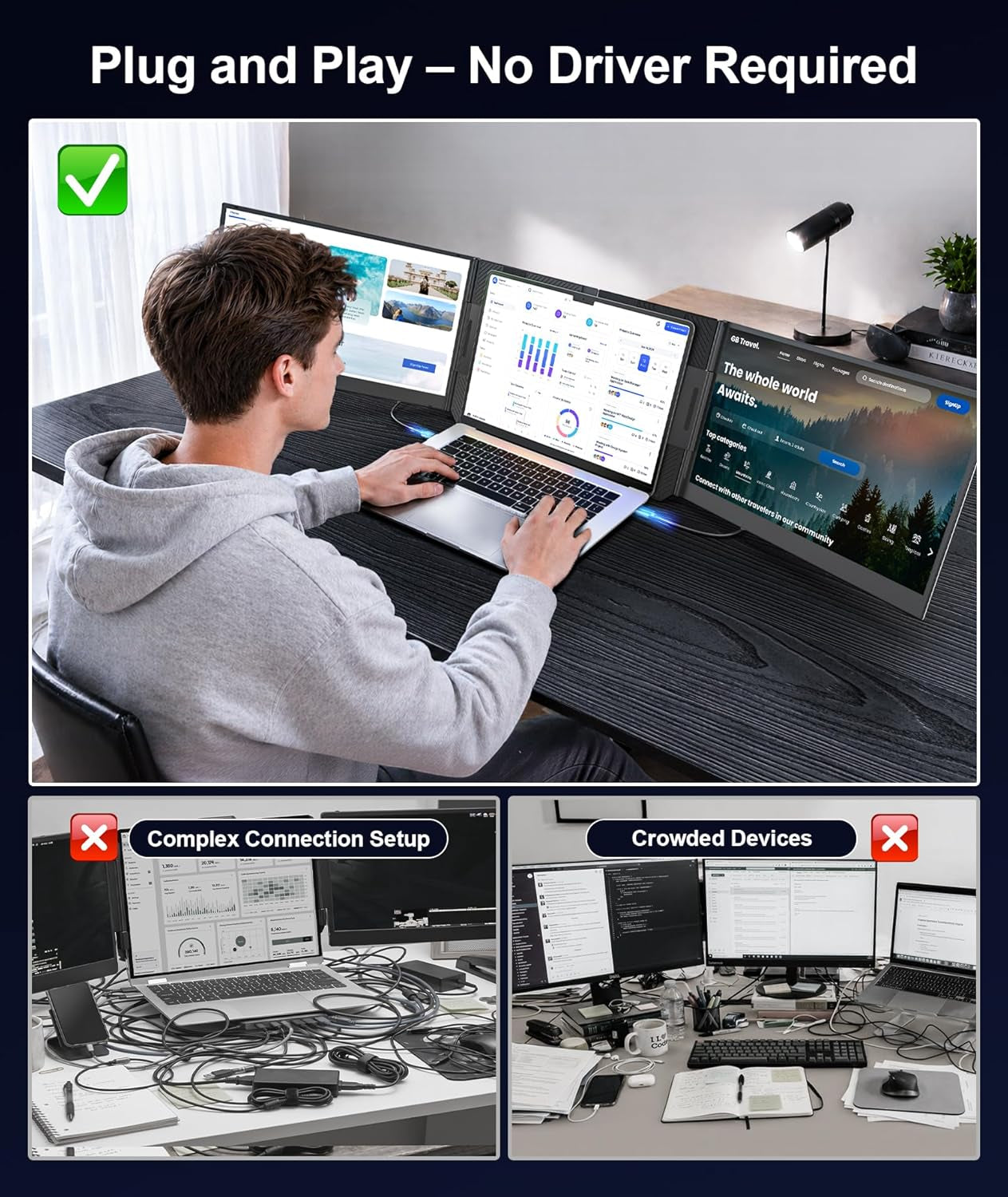15.6" Laptop Screen Extender, FHD 1080P Triple Portable Monitor for Laptops, Ultra-Slim Travel Monitor for 12"–17.3" Laptops, USB-C & HDMI Plug & Play, Compatible with Windows/Mac/Android