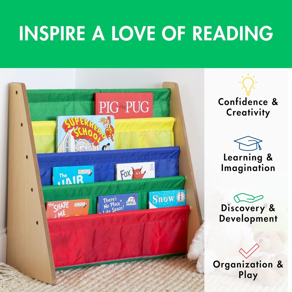 Kids Bookshelf, 4-Tier Front-Facing Book Display Organizer, Montessori Toddler Bookcase for Playroom, Bedroom & Reading Corner, Natural Wood/Primary