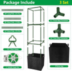 3 Sets 49'' Square Tomato Cages with 18-Gallon Grow Bags for Garden | Heavy-Duty Steel Trellis Kit, Support Towers with Stakes, for Tomatoes, Cucumbers, Peppers, Climbing Vegetables & Flowers