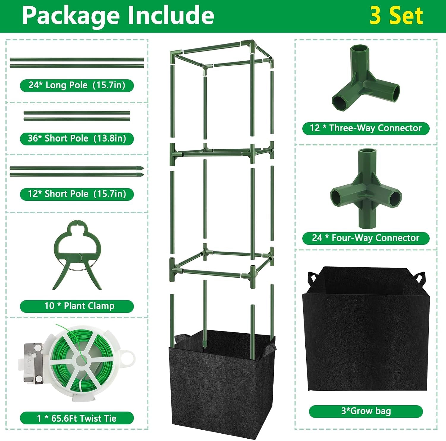 3 Sets 49'' Square Tomato Cages with 18-Gallon Grow Bags for Garden | Heavy-Duty Steel Trellis Kit, Support Towers with Stakes, for Tomatoes, Cucumbers, Peppers, Climbing Vegetables & Flowers