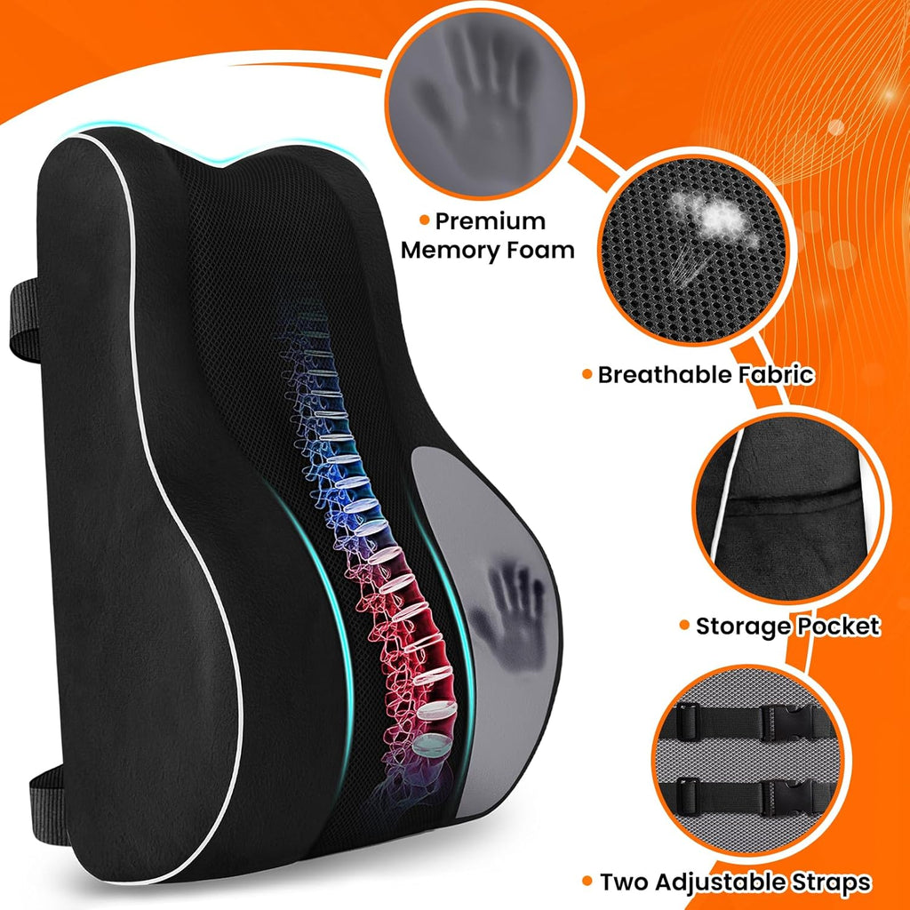 Lumbar Support Pillow, Memory Foam for Office Chair, Black | Ergonomic High-Density Memory Foam, Adjustable Straps, Washable Mesh Cover, Lower Back Support for Office, Gaming & Car Seat