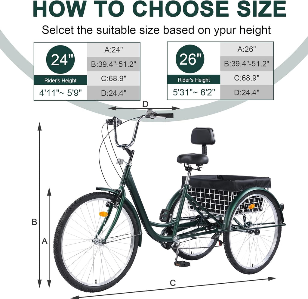 Versatile 24/26-Inch 3-Wheel Adult Tricycle with 7-Speed Gearing and Spacious Basket for Comfortable Riding and Storage for Recreation, Shopping, Picnics