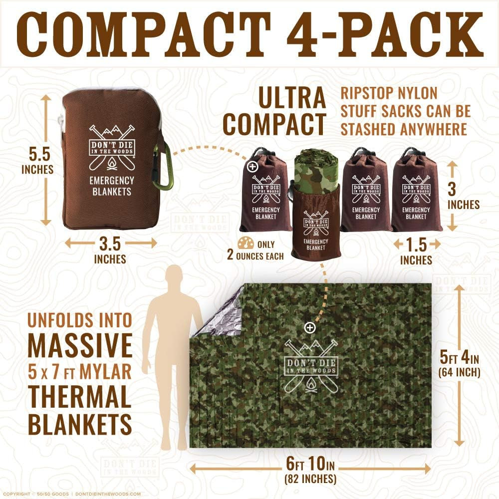 Don’T Die in the Woods – Freakin’ Huge Emergency Blankets [Camo] | Ultralight – Waterproof – Extra Large – Space Blanket Thermal Mylar for Hiking Camping Survival Gear First Aid Kit Essentials
