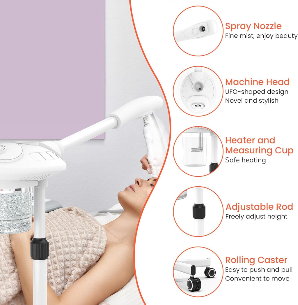 Professional Facial Steamer with Ozone, Vapor Ozono Facial Steamer Professional for Clean Skin, Firm Pores, Esthetician Steamer for Home or Salon Use, Adjustable Height and Angle,White