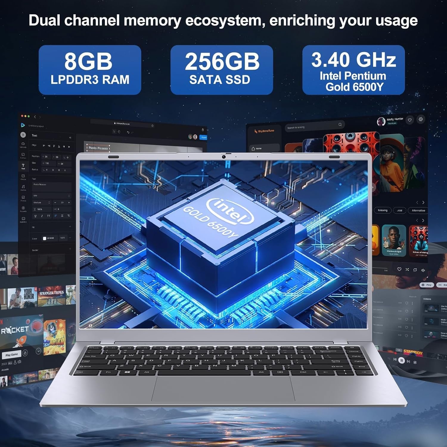 2026 Silver Laptop, Pentium Gold 6500Y Processor(Up to 3.4 Ghz),8Gb RAM 256GB SSD,14 Inch FHD IPS Display, 5000Mah Battery,Type-C