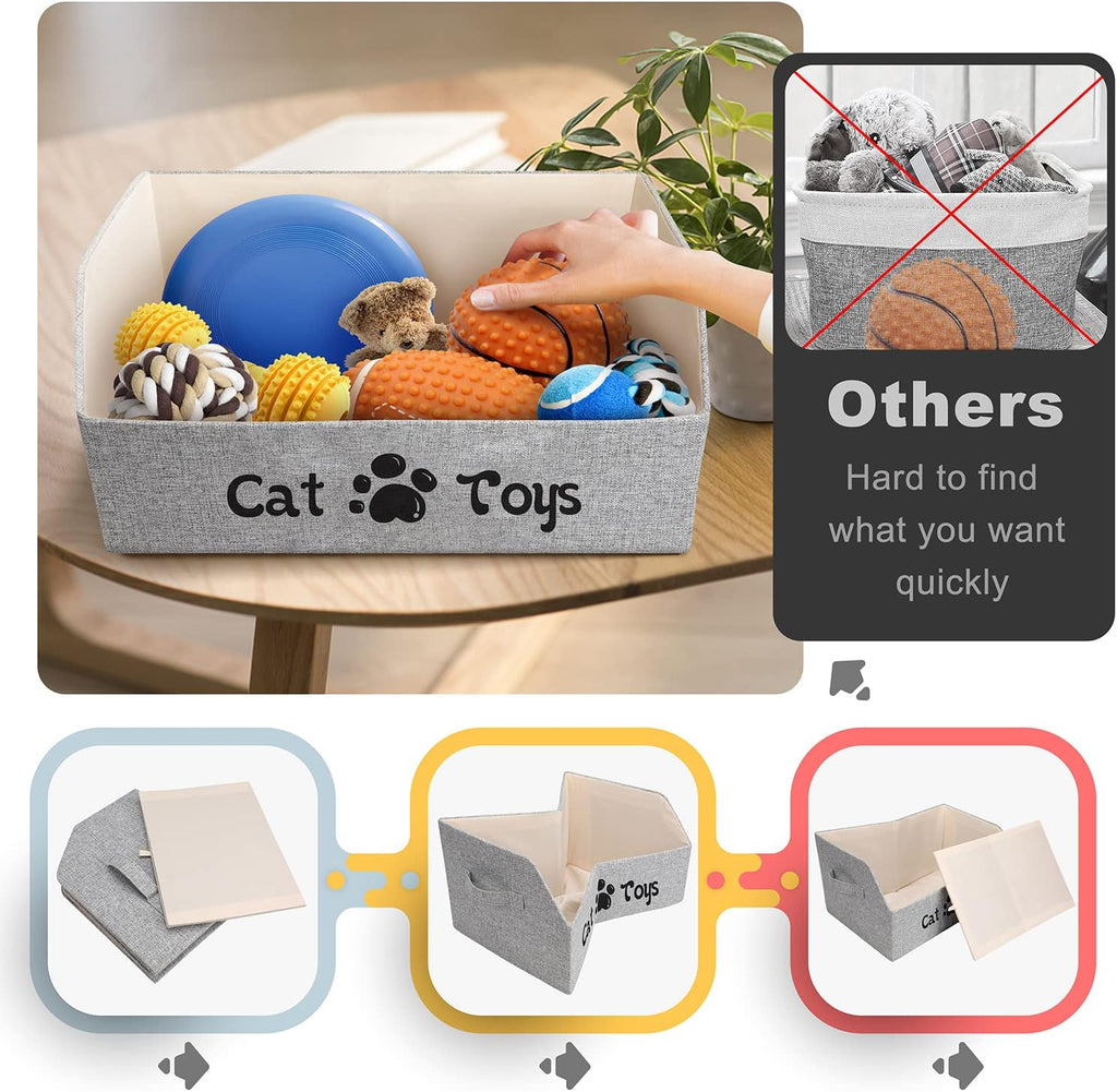 2X Thicker Large Cat Toy Bin Collapsible Cat Toy Box Sturdy Cat Toy Basket Kitten Toy Storage Bed for Organizing Cat Toys Treats Clothes and Accessories (Grey)