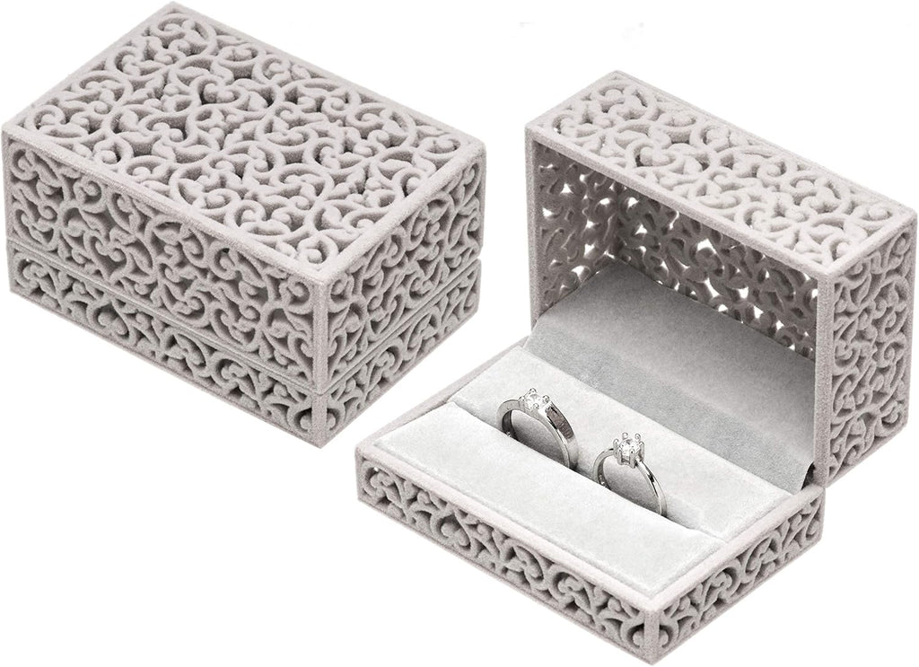 Hollow Velvet Ring Box Velvet Jewelry Box for Rings Couple Double Ring Bearer Box Engagement Gift (Gray)