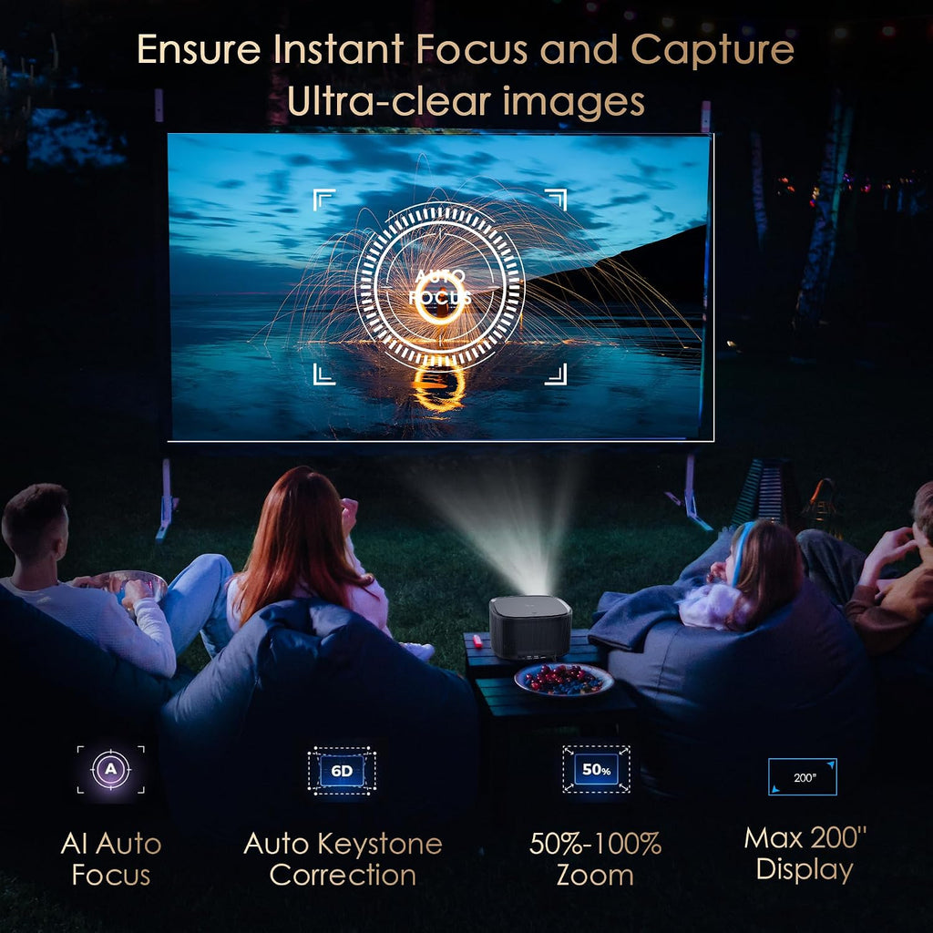 [Netflix Officially & Auto Focus]  4K Projector with Built-In Apps, 3D Doiby Audio Movie Projector, Auto Keystone Outdoor Projector with Wifi and Bluetooth, 500 ANSI Smart Proyector
