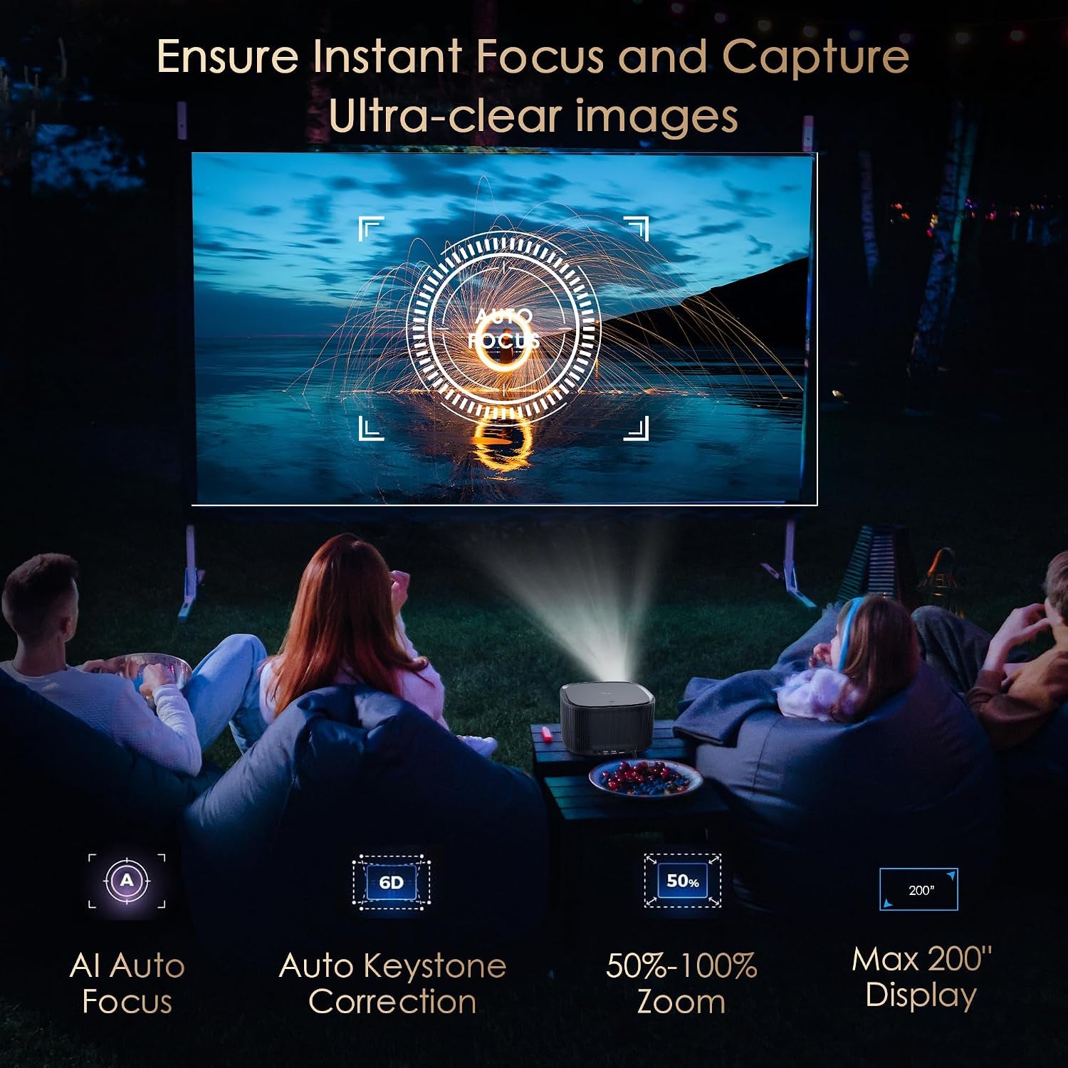 [Netflix Officially & Auto Focus]  4K Projector with Built-In Apps, 3D Doiby Audio Movie Projector, Auto Keystone Outdoor Projector with Wifi and Bluetooth, 500 ANSI Smart Proyector