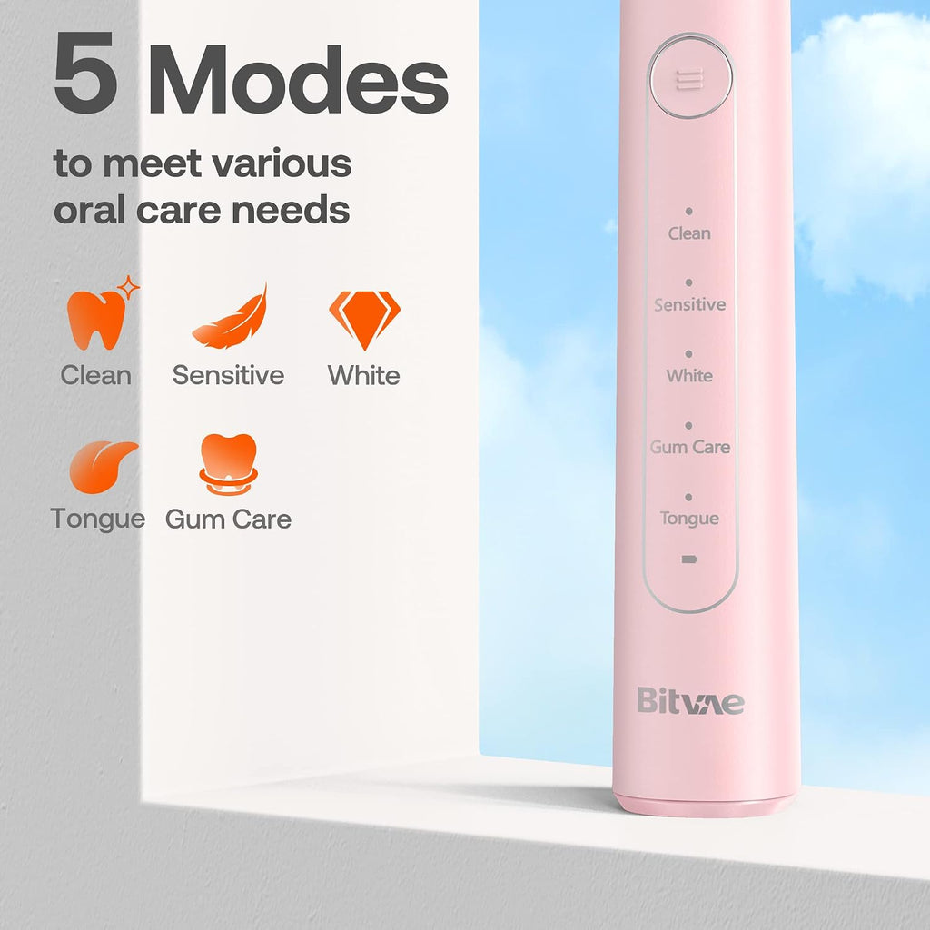 R2 Rotating Electric Toothbrush for Adults with 8 Brush Heads, 5 Modes Rechargeable Power Toothbrush with Pressure Sensor, Pink