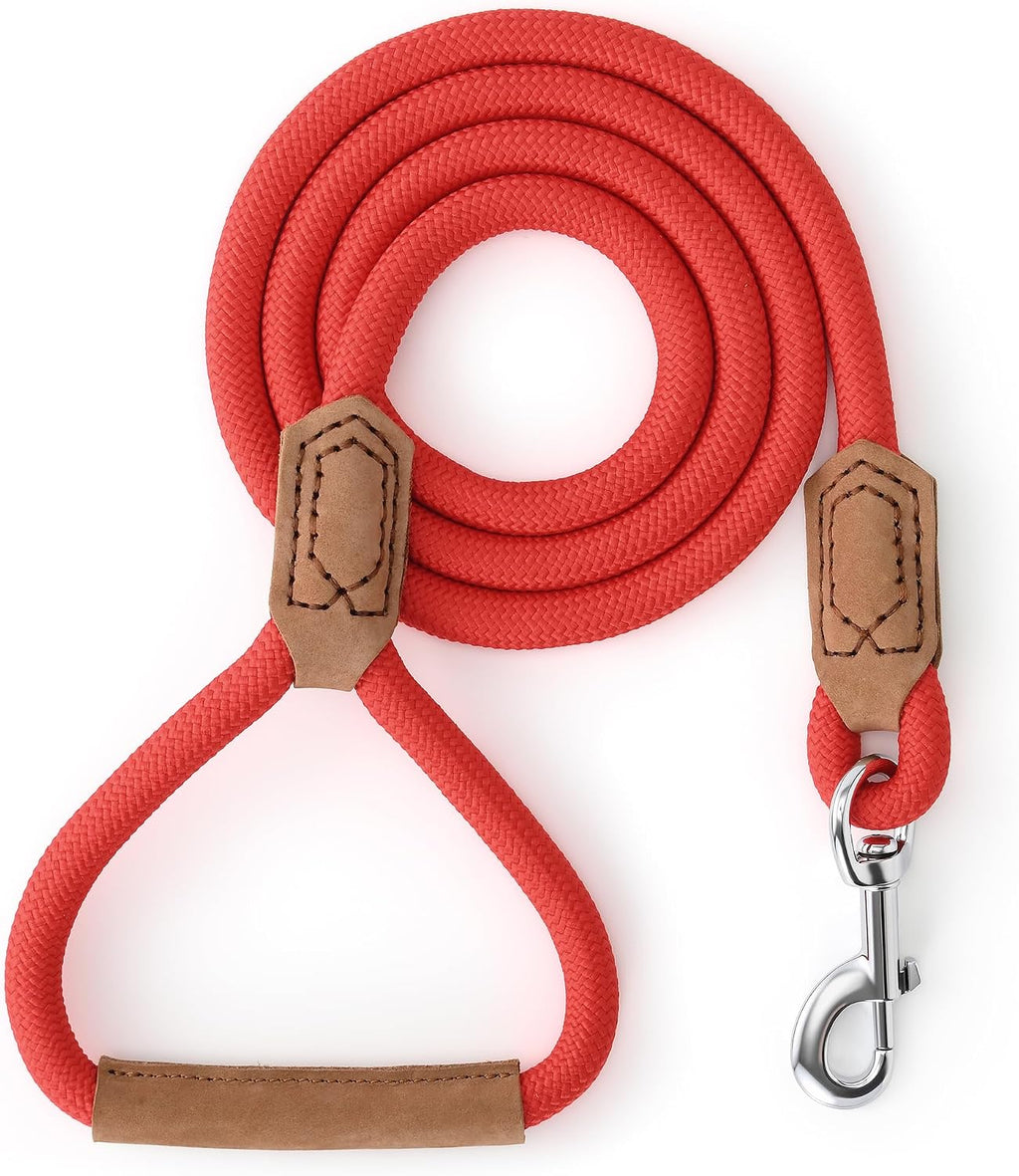 Dog Leash with Genuine Leather Connection/Handle, 4/5/6 FT | Rope Leash, Heavy Duty 360° Swivel Metal Clasp, for Small Medium & Large Dogs