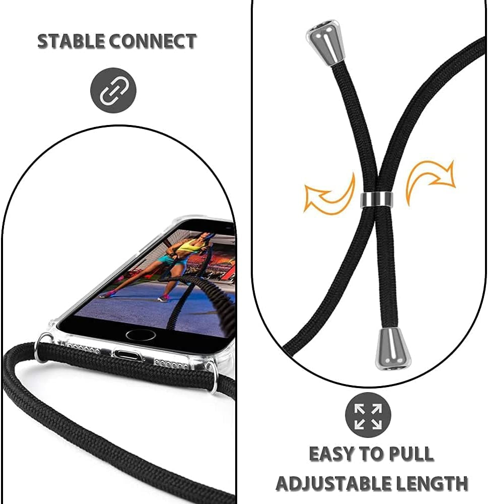 For Iphone 7/8/SE Clear Case Adjustable Shoulder Neck Lanyard Crossbody Strap Phone Cover Women Girls Soft Slim Shockproof Protective Mobile Case for Iphone SE 2020/ Iphone SE 2022 - Black
