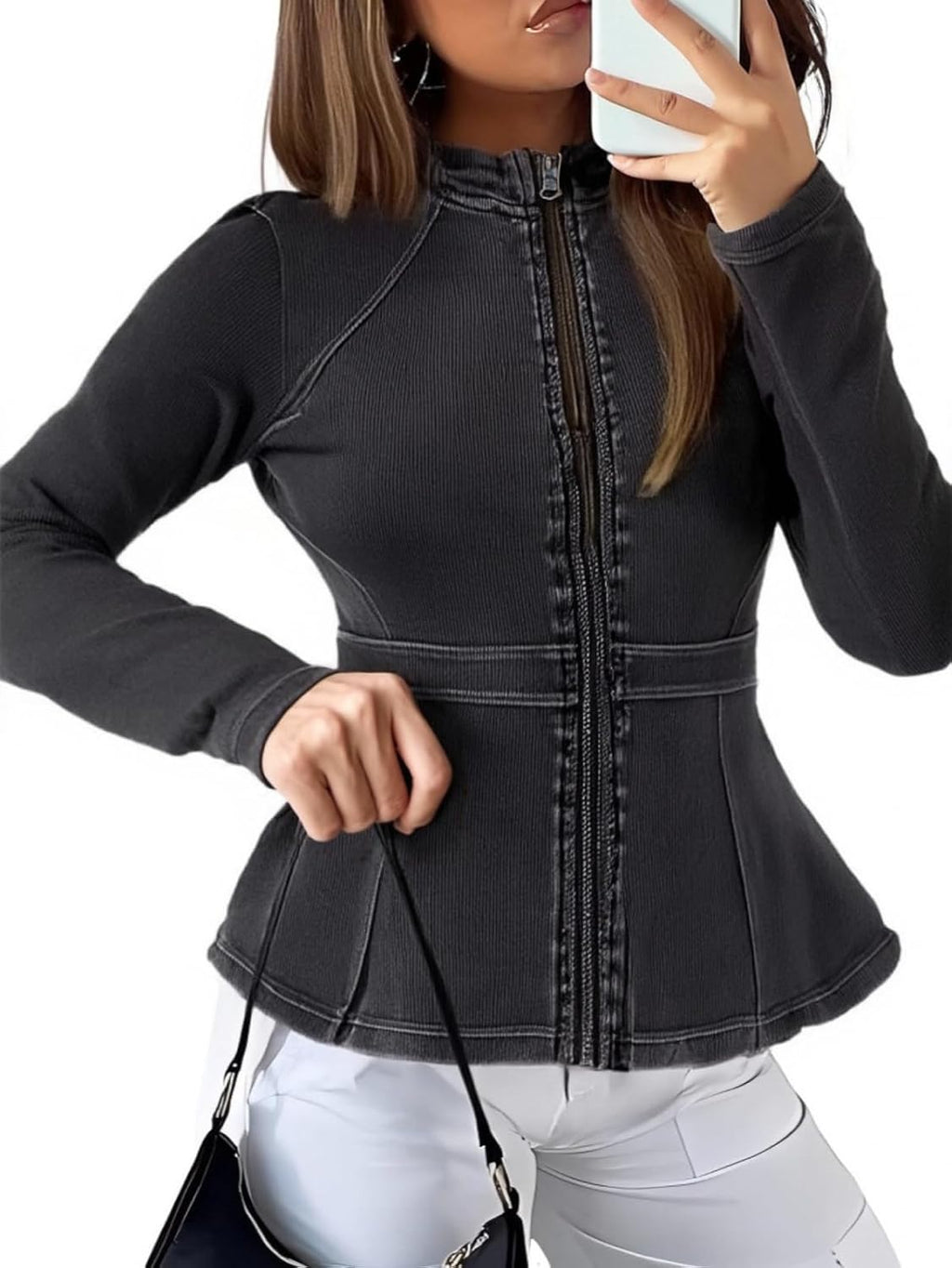 Casual Denim Peplum Jacket for Women Long Sleeve Zip Front Athletic Workout Ruffle Blazer Coats