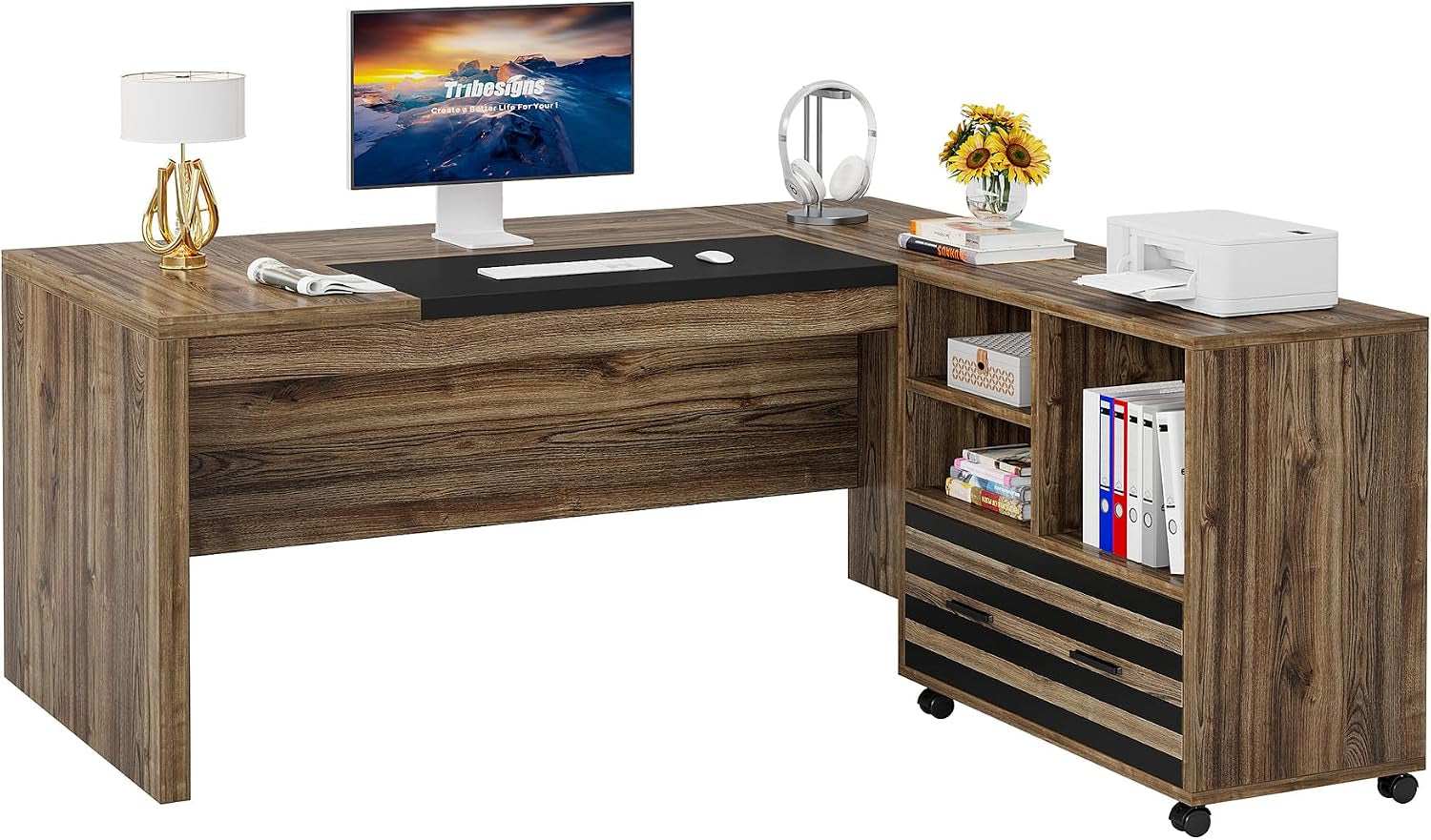 Tribesigns 62.2" Executive Desk with Mobile File Cabinet, L-Shaped Office Desk with Storage Shelves, Large Computer Desk Business Workstation Set for Home Office, Light Brown