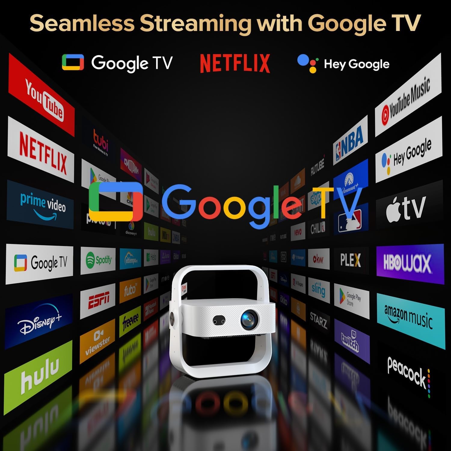 Projector Built-In Google Tv/Apps 4K AI Auto Focus, Voice Control | 3000 Bright, Google TV and 10,000+ Apps. Wifi 6 & Bluetooth 5.0, Portable Proyector for Bedroom/Ceiling/Camping/Ps5/Switch