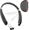 Bluetooth Neckband Headphones,  Foldable Wireless Lightweight Neck Headset with Retractable Earbuds, Noise Cancelling Sweatproof Stereo Earphones with Mic & Carrying Case (Black)