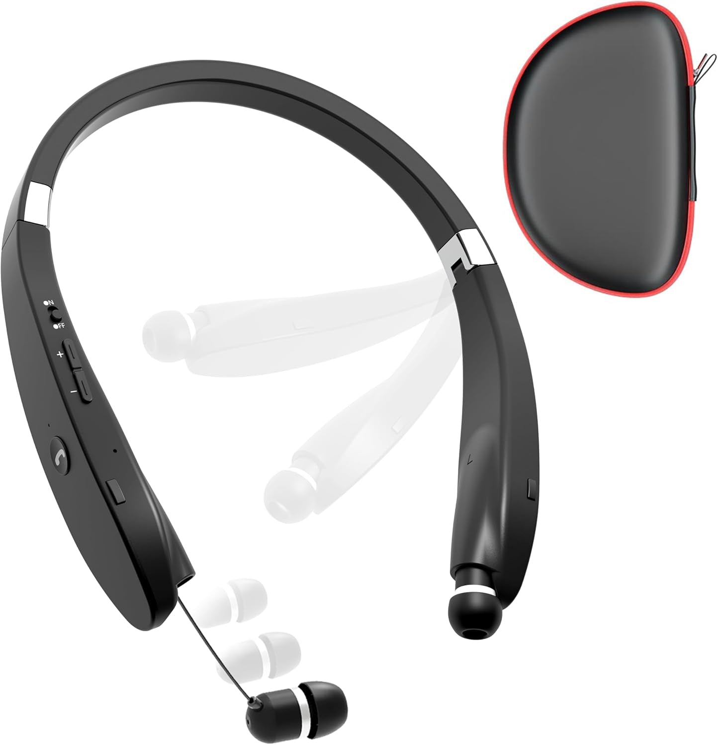 Bluetooth Neckband Headphones,  Foldable Wireless Lightweight Neck Headset with Retractable Earbuds, Noise Cancelling Sweatproof Stereo Earphones with Mic & Carrying Case (Black)