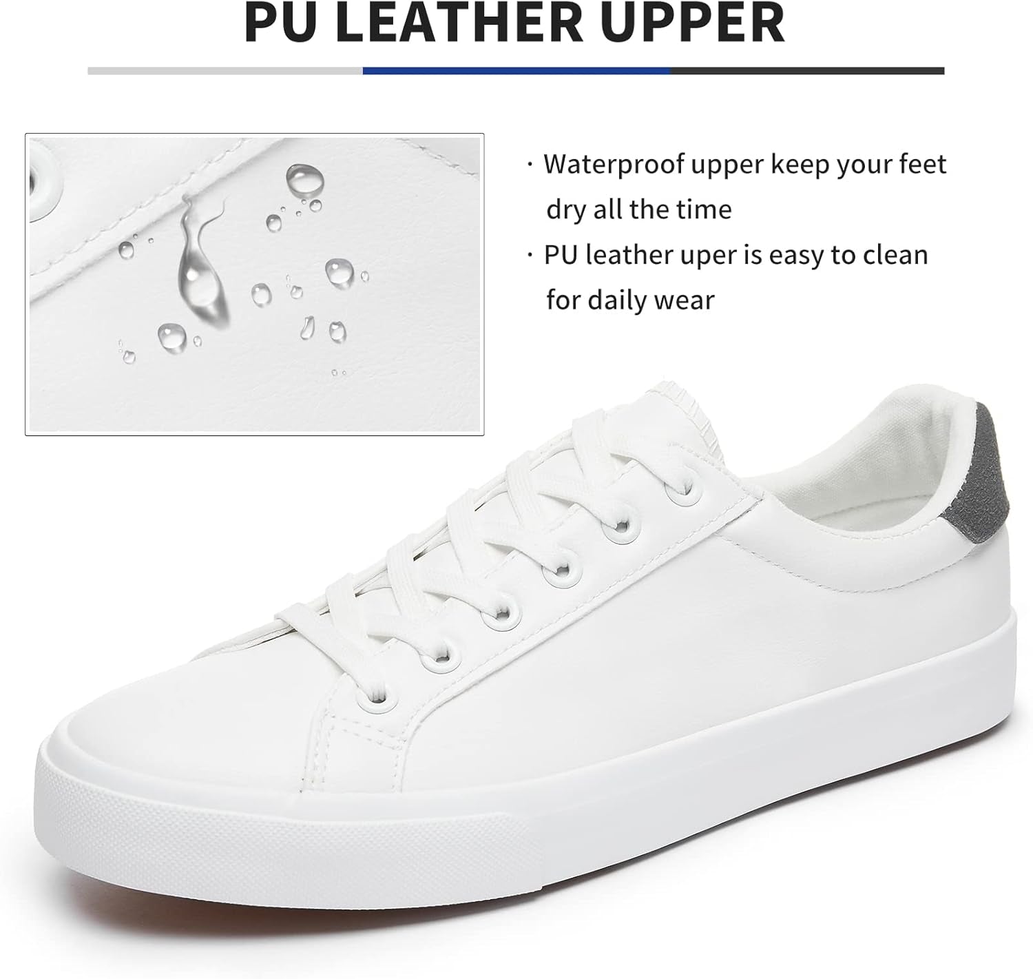Mens White Tennis Shoes PU Leather Sneakers for Men | Water Resistant,Slip Resistant,Easy Clean,Easy Match,Soft