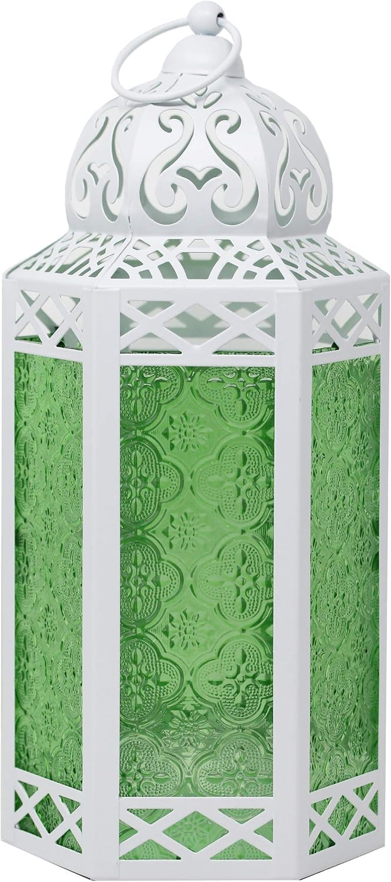 Decorative Indoor Candle Holder Table Centerpieces - Moroccan Hanging Outdoor Patio & Porch Home Decor, Turkish Lamp for Wedding, Ramadan (Large 12", White Green)