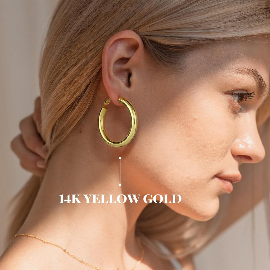 Chunky Gold Hoop Earrings - 14K Gold Plated Earrings for Women Hollow Tube Lightweight Thick Hoops 20/25/30/40Mm Valentines Graduation Mother'S Day Birthday Gifts