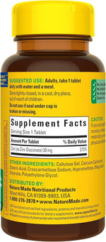 Zinc 30 Mg, Dietary Supplement for Immune Health and Antioxidant Support, 100 Tablets, 100 Day Supply