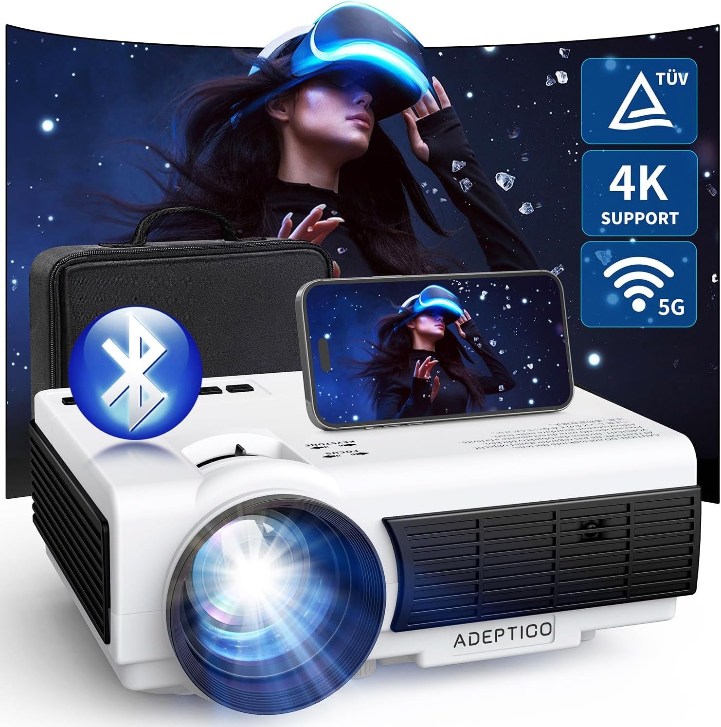 [Eyesafe Display] Projector with Wifi and Bluetooth,  450 ANSI 5G Wifi Native 1080P Portable Projector W/ Bag, 4K Support, Zoom, Outdoor Movie Mini Projector for Ios/Android/Tv Stick/Hdmi/Usb