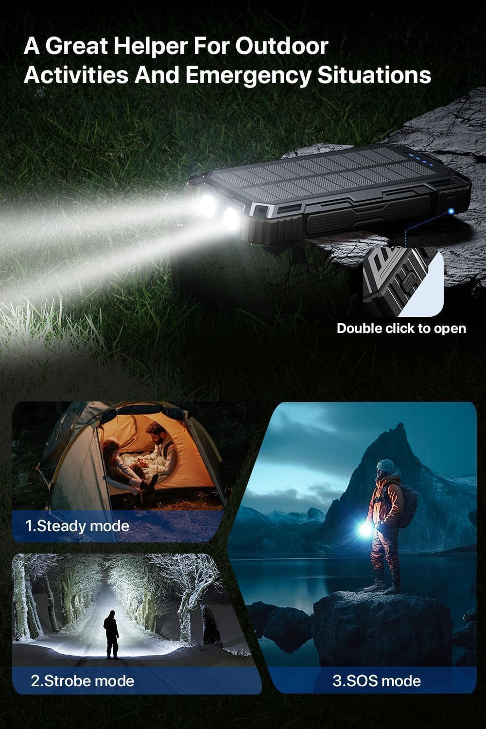 Solar Power Bank,49800Mah Portable Charger Wireless Charging USB-C 15W Fast Charging with 4 Built-In Cables LED Flashlight Battery Pack Compatible with Iphone, Ipad, Galaxy, Perfect for Camping/Hiking