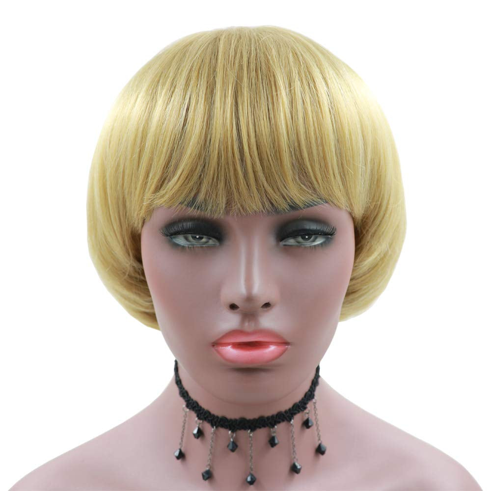 Girls Golden Mushroom Wig Short Bob Wig with Bangs Blonde Bowl Cut Wig Cap for Women