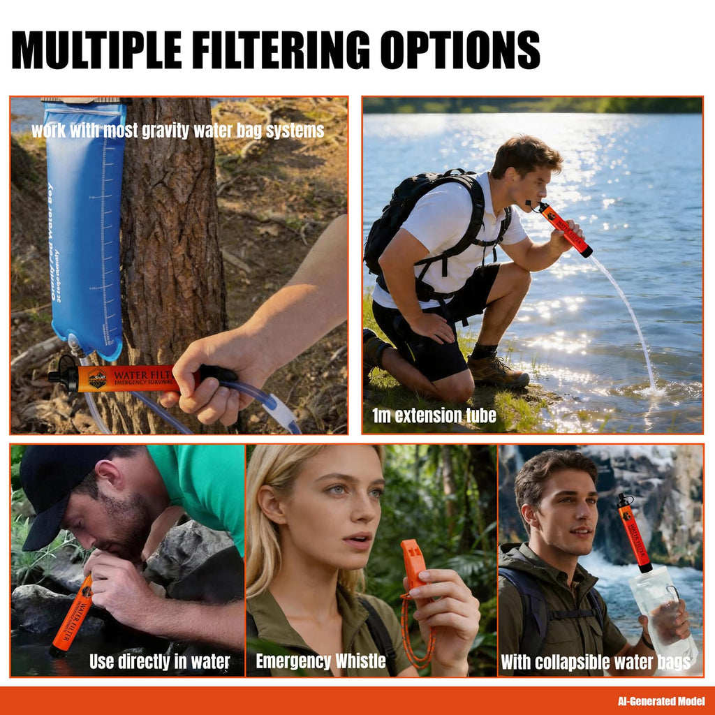 High-Capacity Survival Water Filter Straw Kit with Emergency Whistle, Lightweight Reusable Portable Water Straw for Camping, Hiking, Backpacking & Emergency Preparedness(1 Pack)