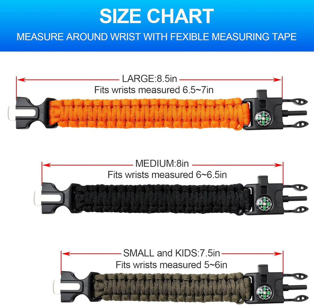 Survival Bracelet Set, 3 Pack with Compass and Whistle | 3 Paracord Bracelets with Compass, Whistle and Magnesium Fire Starter for Camping, Hiking and Emergency Kits