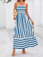 Womens Boho Floral Striped Summer Maxi Dresses Spaghetti Strap | Summer 2026 Wedding Guest Beach Vacation Flowy Long Dress, Casual Square Neck Tiered Dress, Empire Waist a Line Dress Pockets