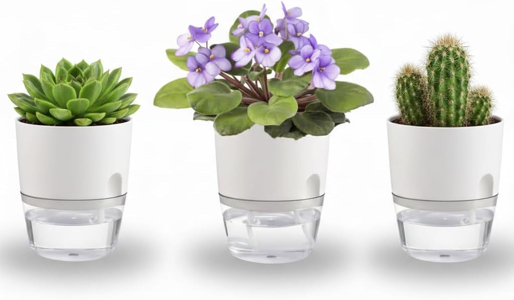 3.2 Inch Self Watering Planters 3 Pack Plastic Wicking Pots White | Modern Self-Watering Pots for African Violets Herbs and Small Plants Perfect for Windowsill Gardening
