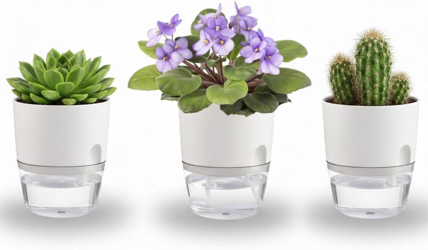 3.2 Inch Self Watering Planters 3 Pack Plastic Wicking Pots White | Modern Self-Watering Pots for African Violets Herbs and Small Plants Perfect for Windowsill Gardening