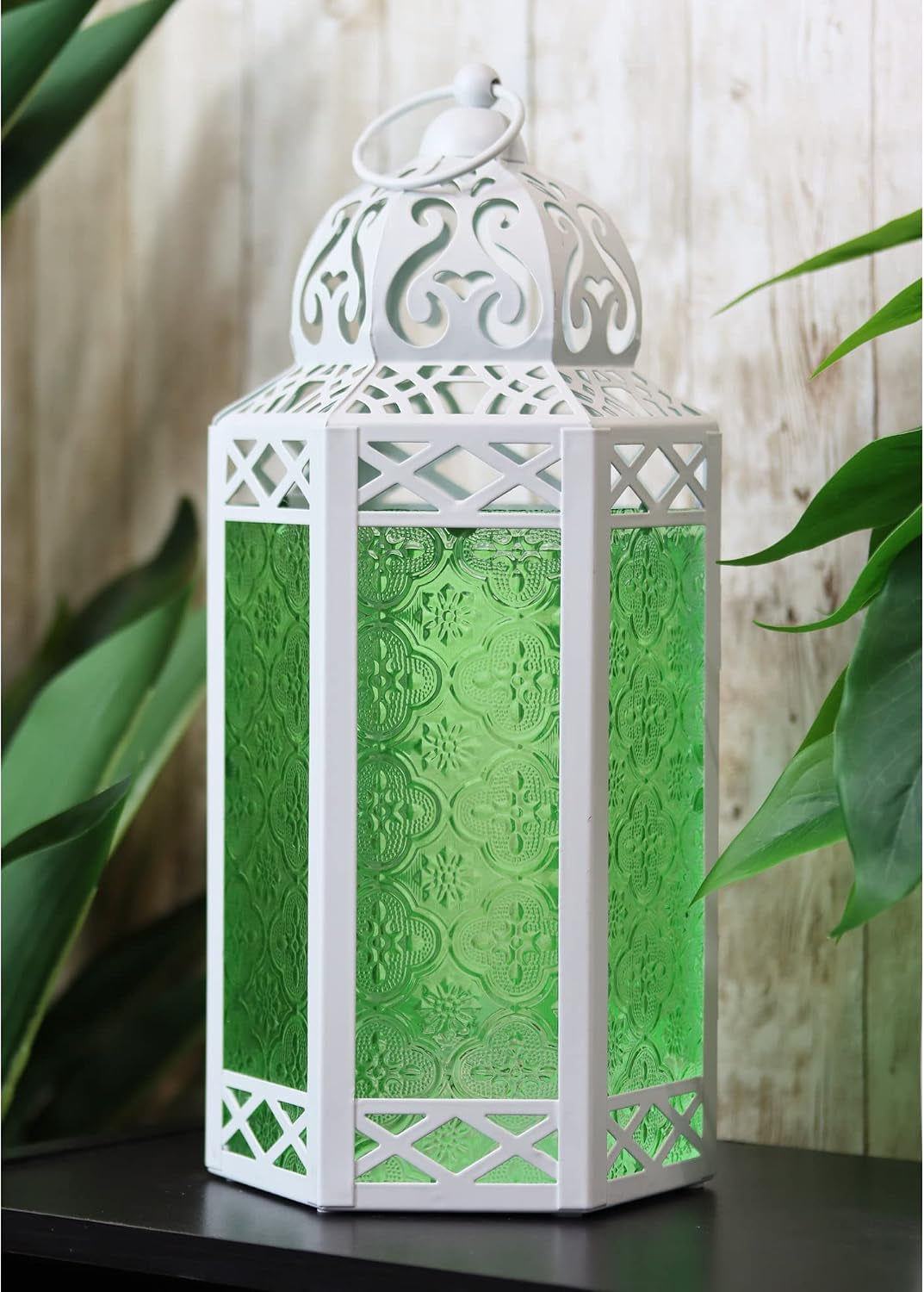 Decorative Indoor Candle Holder Table Centerpieces - Moroccan Hanging Outdoor Patio & Porch Home Decor, Turkish Lamp for Wedding, Ramadan (Large 12", White Green)