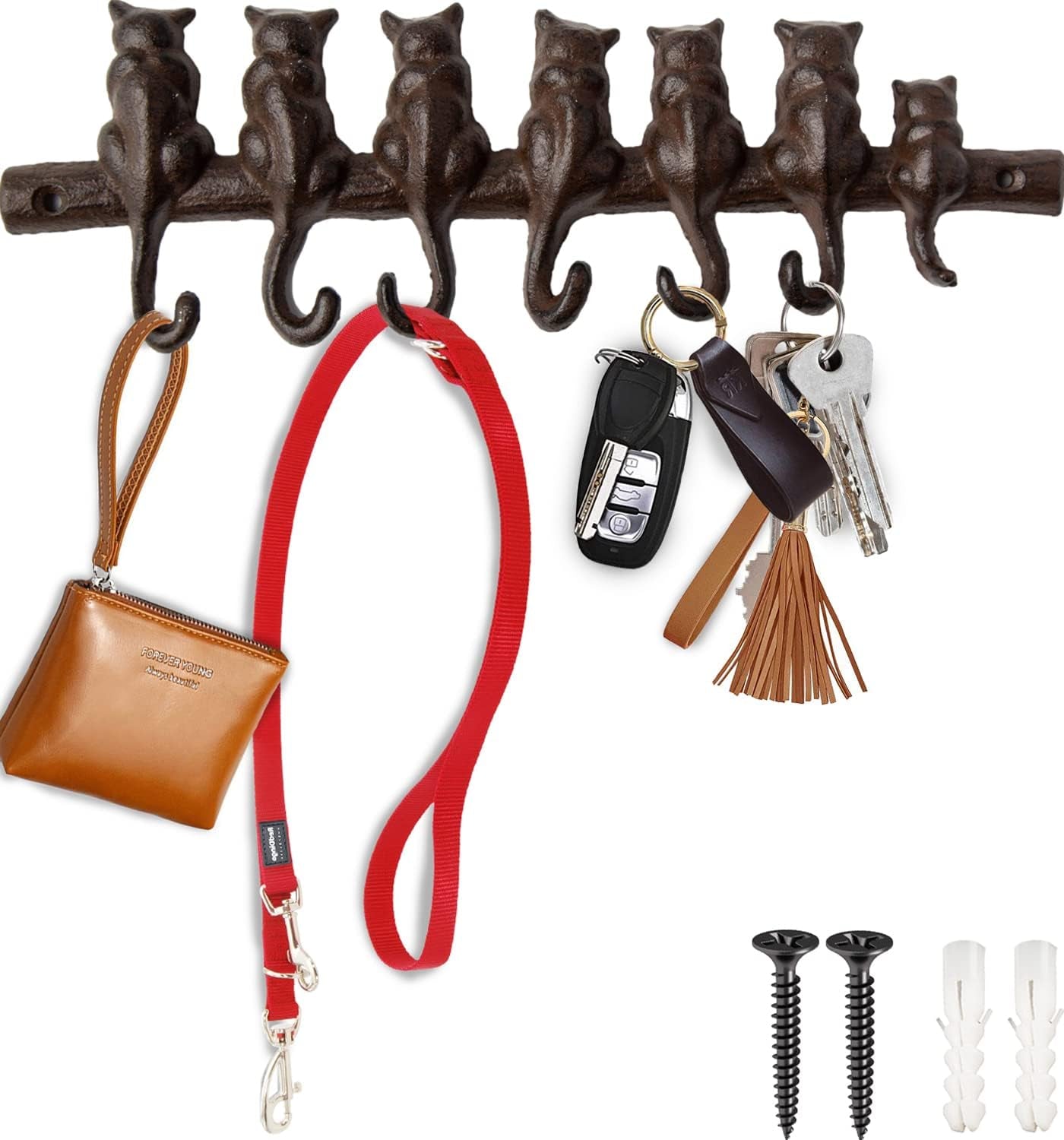 7 Cats Cast Iron Wall Mounted Hanger Rack - Decorative Cast Iron Wall Hook Rack - Vintage Design Hanger with 7 Hooks - Wall Mounted | 12.4 X 3.9”- with Screws and Anchors | Rustic Brown Color