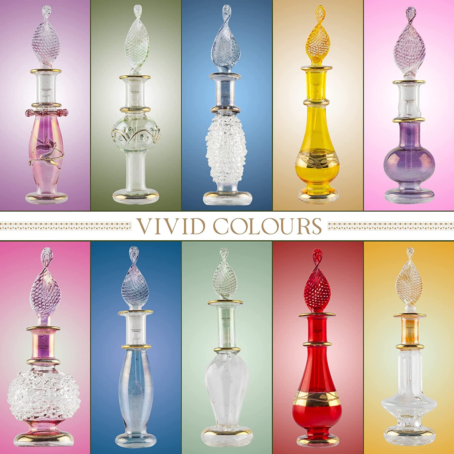 Genie Blown Glass Miniature Perfume Bottles for Perfumes & Essential Oils, Set of 10 Decorative Vials, Each 2" High (5Cm), Assorted Colors (Set of 10)