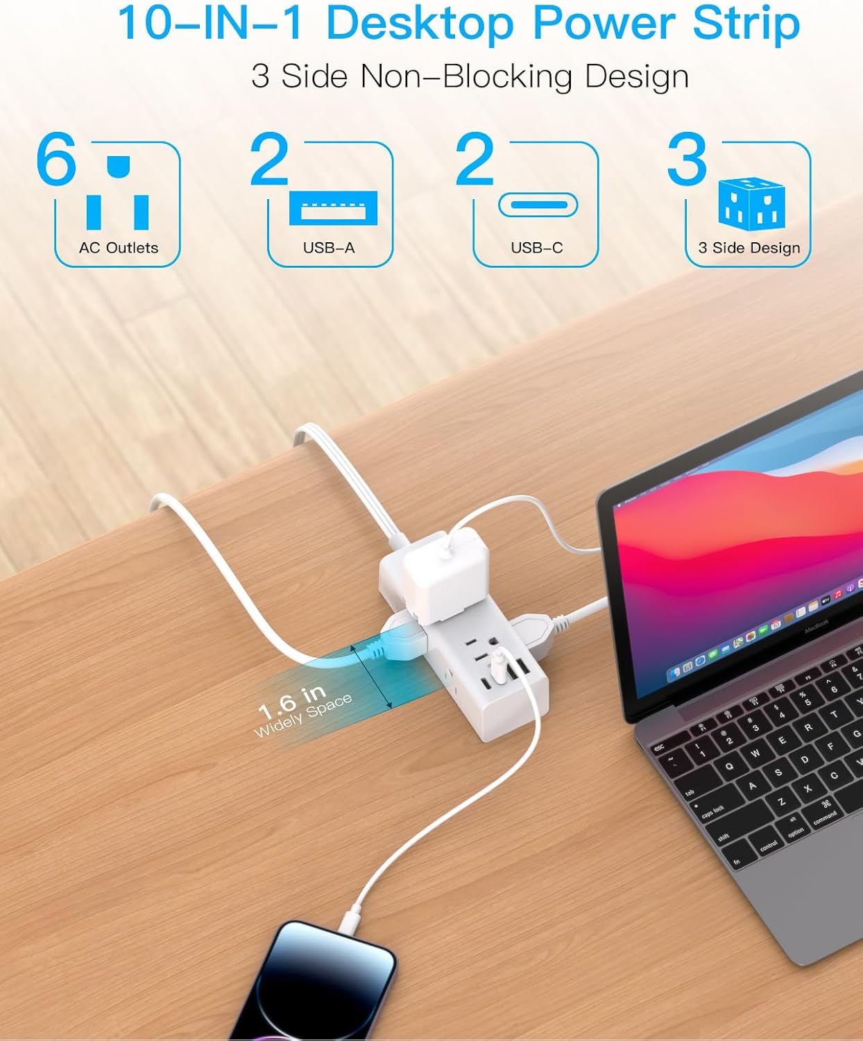 10Ft Extension Cord with Multiple Outlets,Flat Plug Power Strip Surge Protector with 10 Ft Long Cord,6 Outlet 4 USB Ports (2USB C),Multi Outlet Wall Plug for Travel,College,Dorm Essentials
