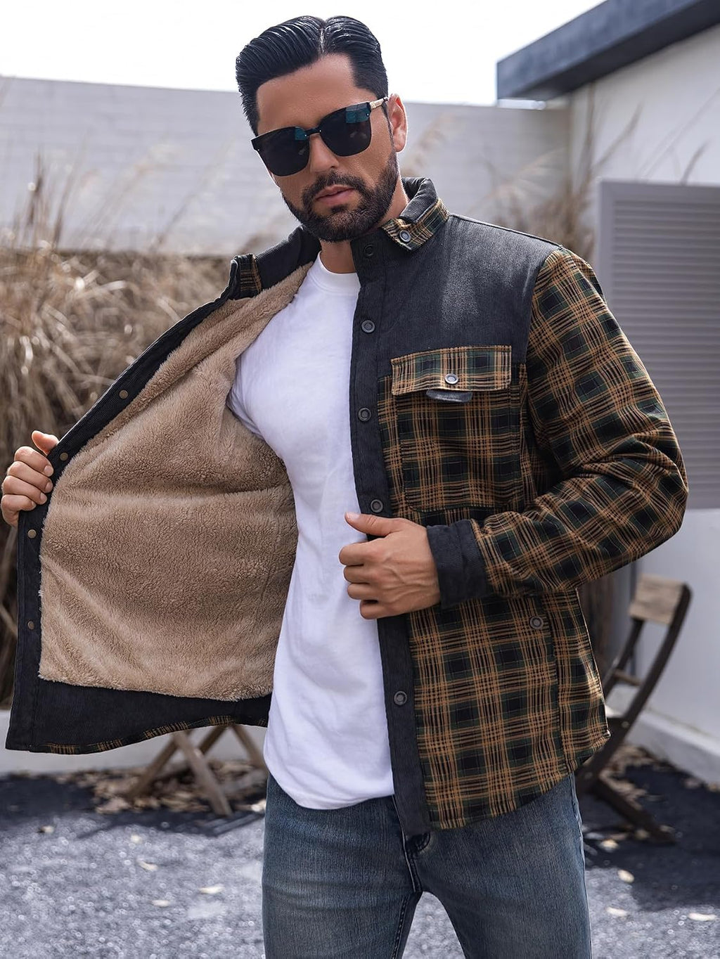 Men'S Sherpa Lined Flannel Corduroy Plaid Shirt Long Sleeve Button up Jacket Fleece Coat for Men with Pocket