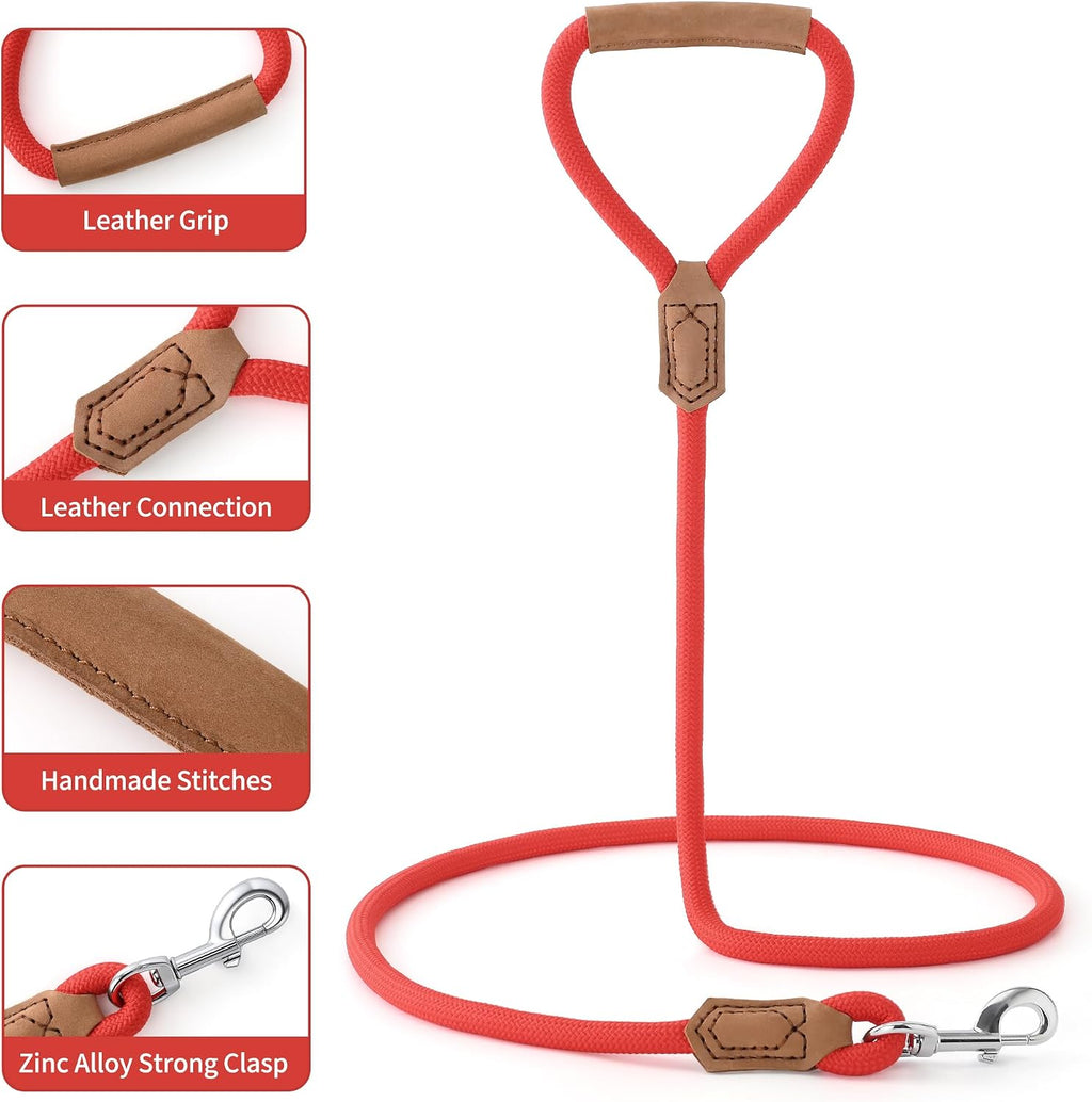 Dog Leash with Genuine Leather Connection/Handle, 4/5/6 FT | Rope Leash, Heavy Duty 360° Swivel Metal Clasp, for Small Medium & Large Dogs