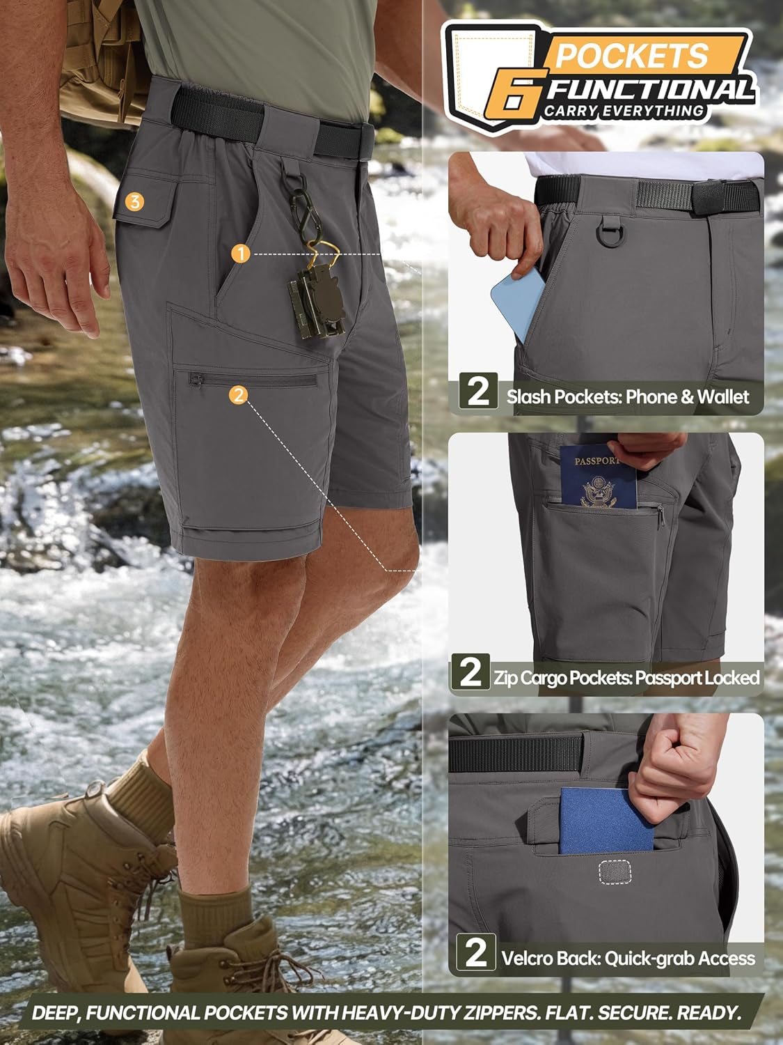 Men'S Cargo Hiking Shorts with Belt | Quick Dry, Lightweight, Durable, Waterproof, Multi Pockets, for Outdoor Tactical Work